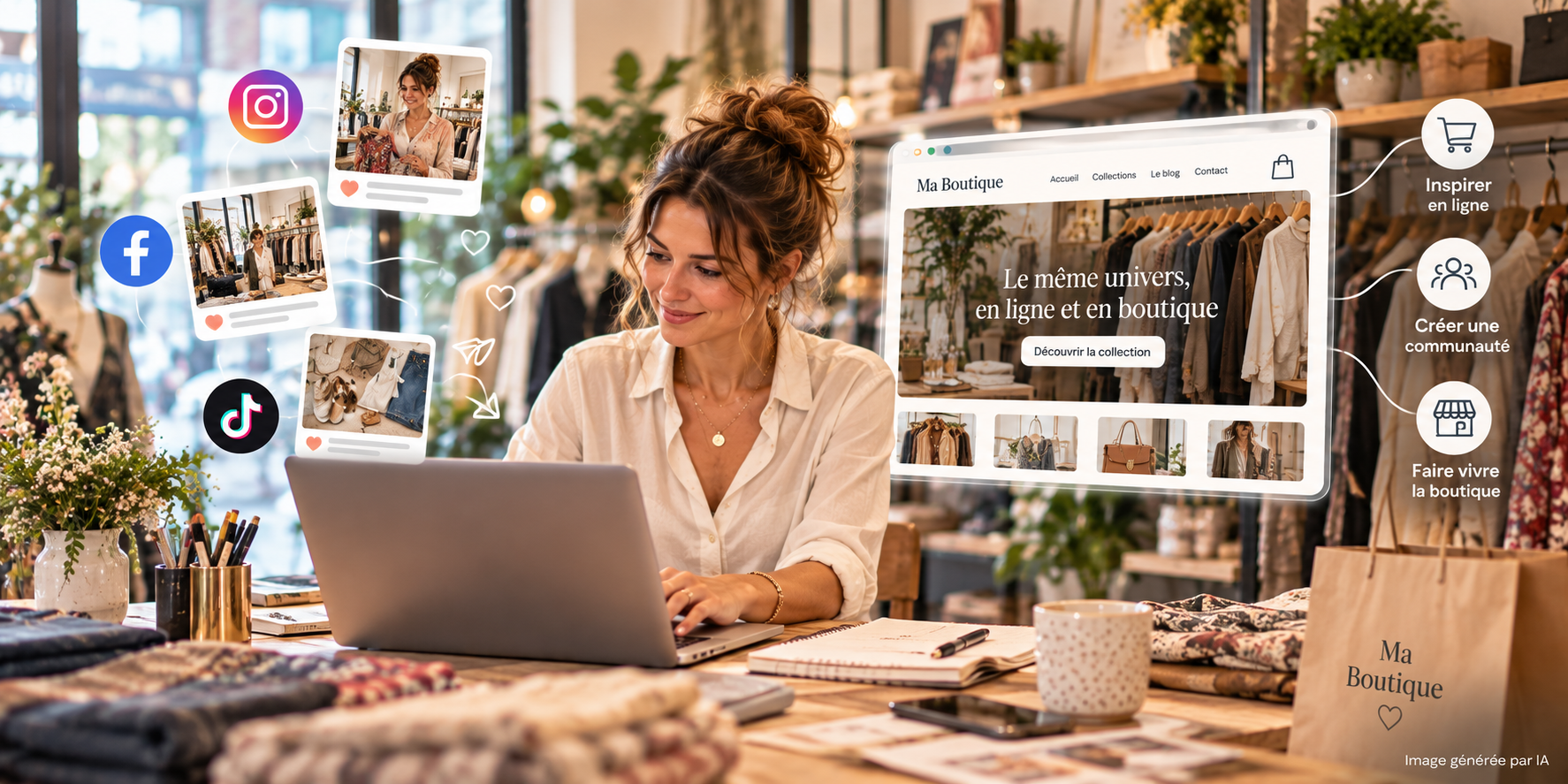 Image générée par IA illustrant une commerçante de prêt-à-porter utilisant les réseaux sociaux et son site internet pour prolonger l’expérience de sa boutique en ligne