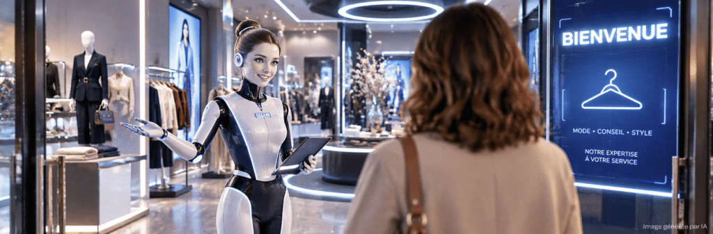 Humanoïde représentant un accueil S.B.A.M. automatisé dans une boutique de mode futuriste, face à une cliente, avec un écran affichant « Bienvenue » — image générée par IA.